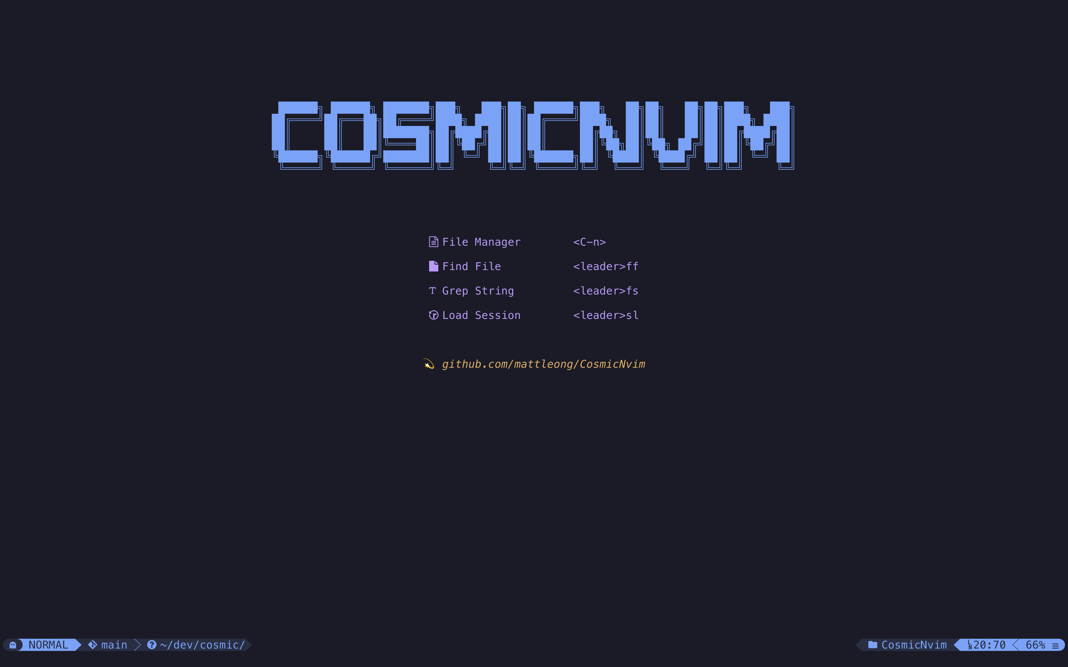 CosmicNvim dashboard with startup shortcuts and branding.