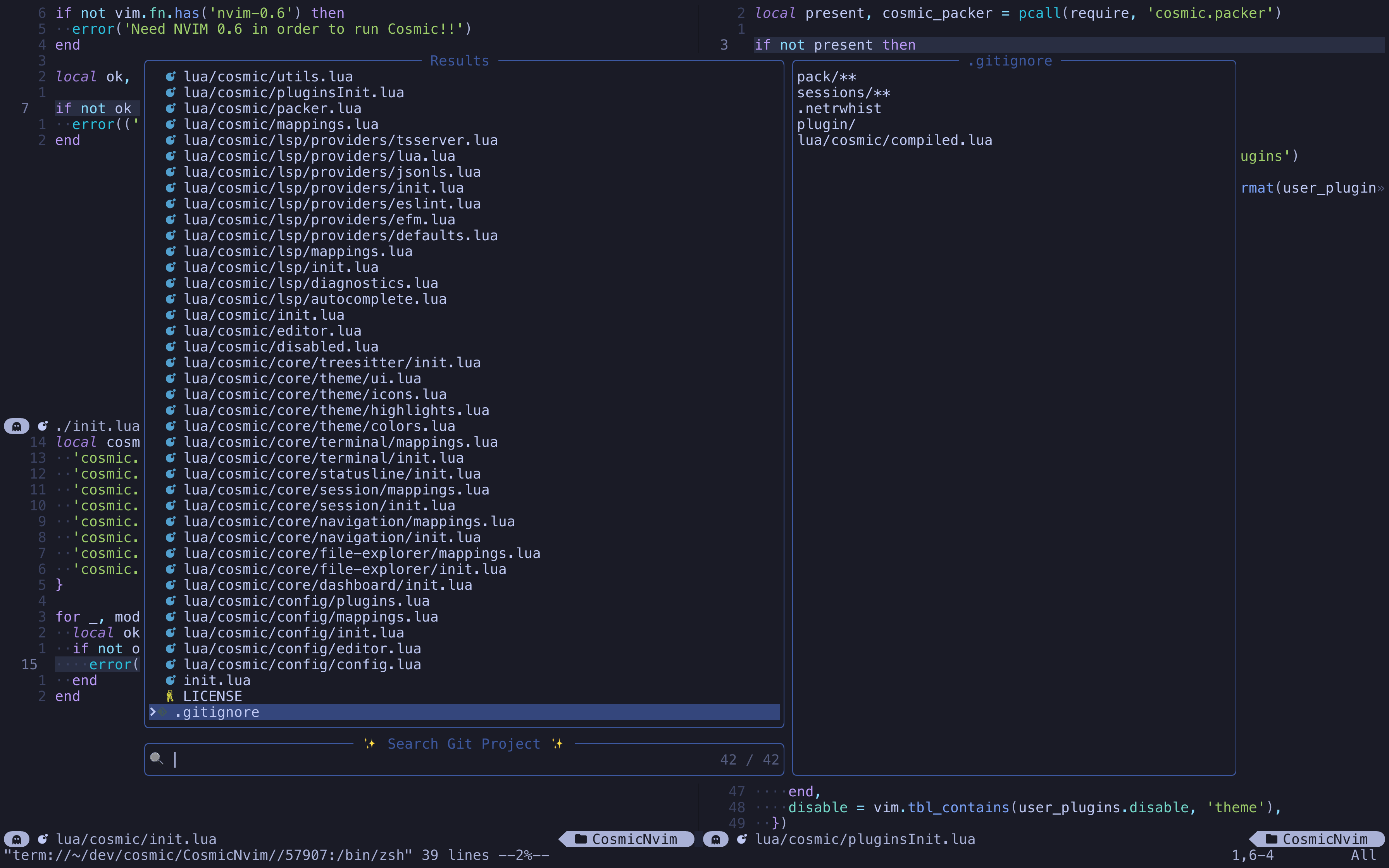 Fuzzy finder interface for quickly locating files in a project.