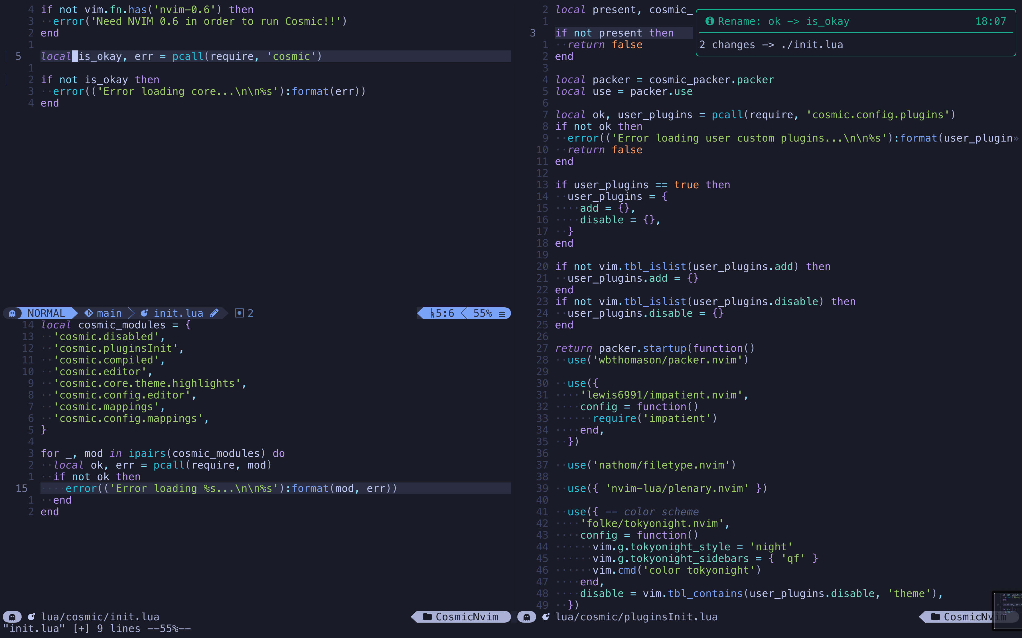 Notification showing successful rename updates across files.