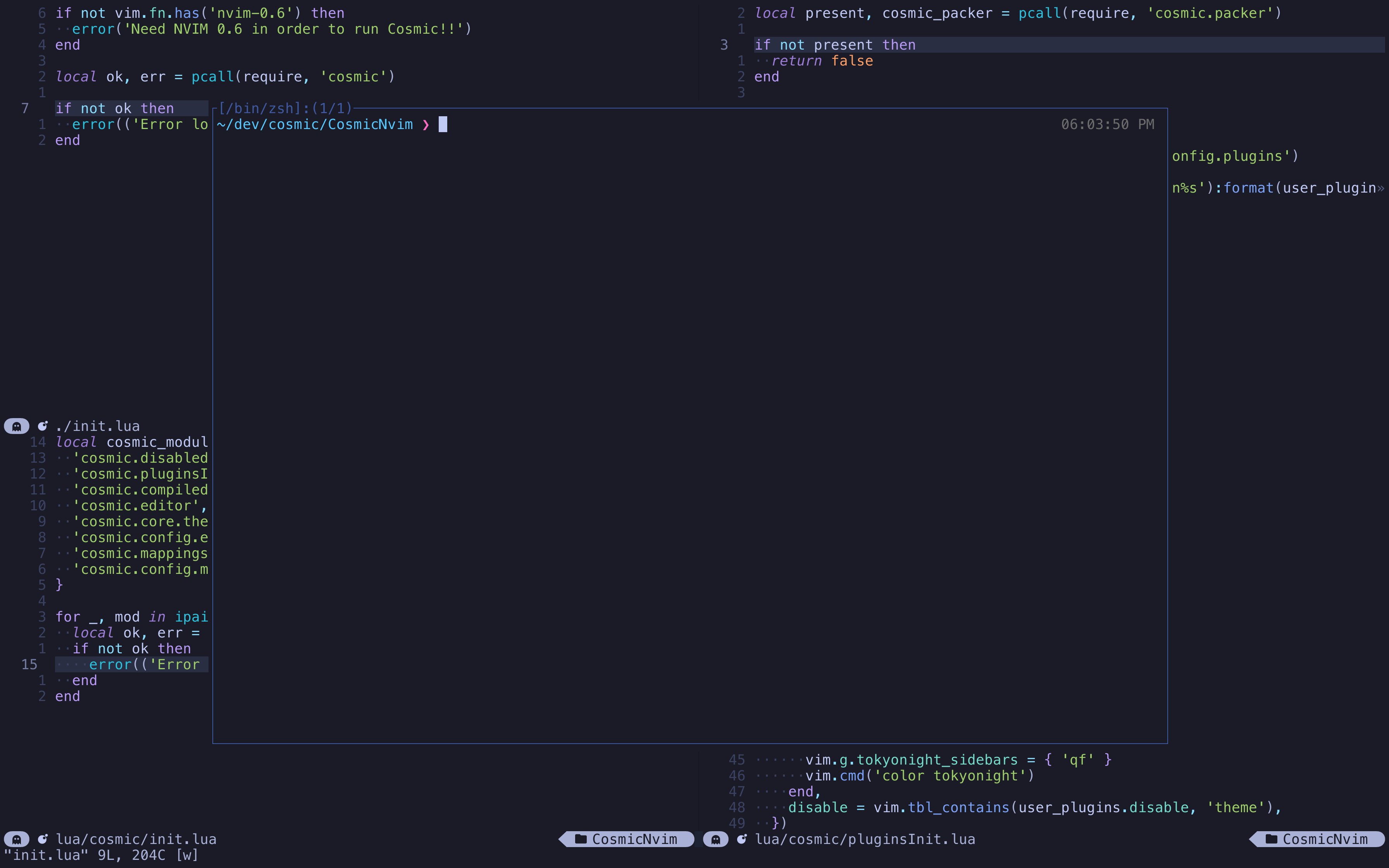 Terminal panel floating over Neovim for command execution.